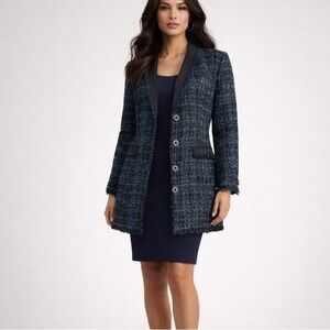 Ann Taylor longline tweed blazer in navy blue with metallic thread